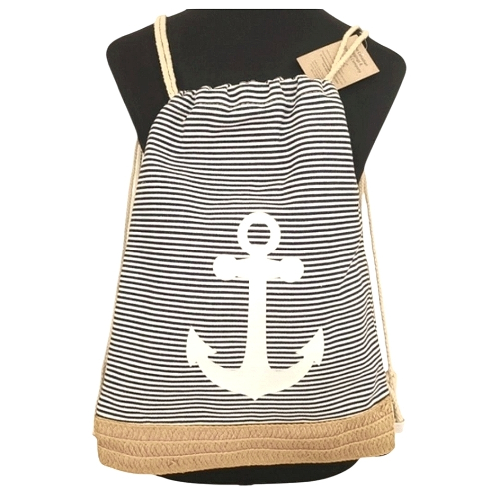 TRÏBE Canvas & Raffia Nautical Black & White Striped Backpack NWT